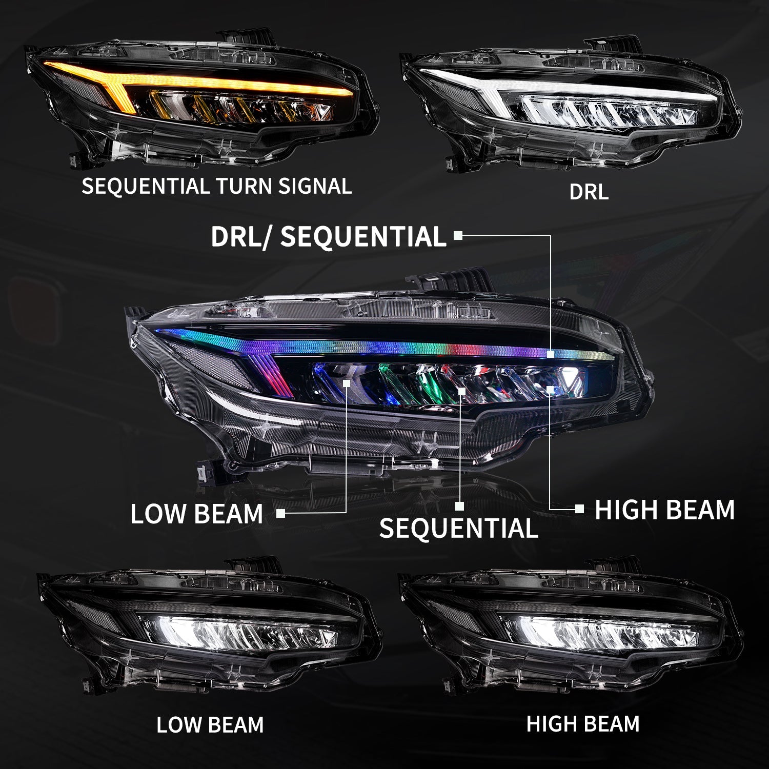 Archaic | US ONLY OLM RGB Full LED Headlights Assembly For 10th Gen Honda Civic 2016-21