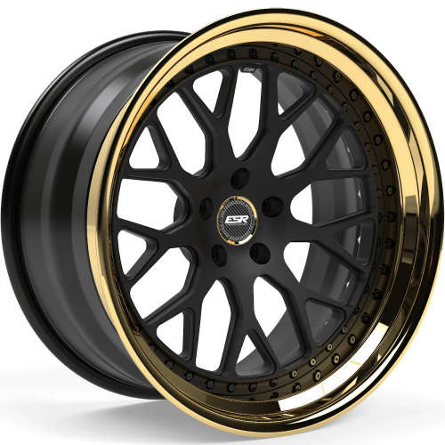 ESR Forged Classic ES1 Classic15x7 +35 Matte Black with a Polished Gold Step Lip and Matte Black Barrel with Exposed Hardware