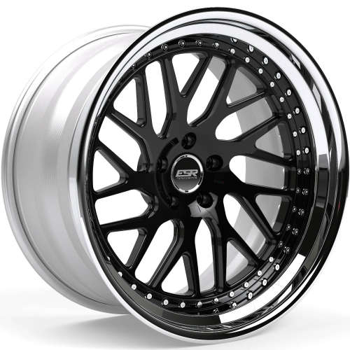 ESR Forged Classic ES1-T Classic15x7 +35 Polished Black with a Step Lip and Silver Barrel with Exposed Hardware