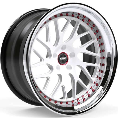 ESR Forged Classic ES1-T Classic17x8 +35 White with a Polished Step Lip and Matte Black Barrel with Exposed Red Hardware