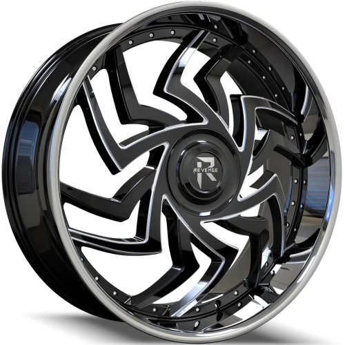 Revenge Luxury RL-10726x9.5 +25 Gloss Black with Milled Spoke Windows and a Chrome Stainless Steel Lip
