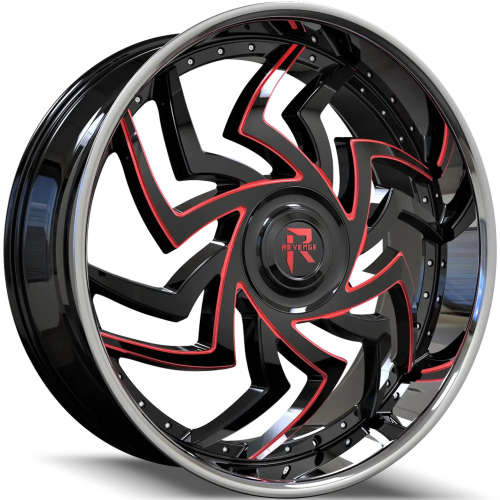 Revenge Luxury RL-10726x9.5 +25 Gloss Black with Red Milled Spoke Windows and a Chrome Stainless Steel Lip