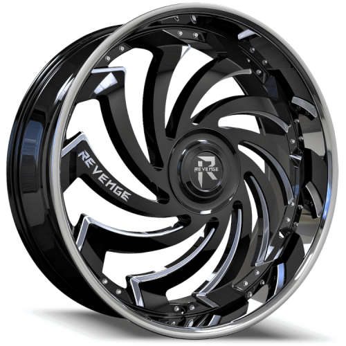 Revenge Luxury RL-10824x9 +15 Gloss Black with Milled Spoke Windows and a Chrome Stainless Steel Lip