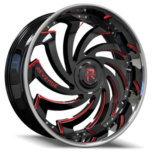 Revenge Luxury RL-10826x9.5 +35 Gloss Black with Red Milled Spoke Windows and a Chrome Stainless Steel Lip