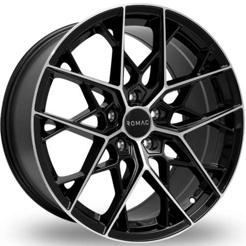 Romac Vortex19x8 +33 Gloss Black with Machined Polished Spoke Faces and Lip Ring