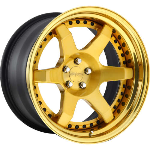 Rotiform Forged SIX17x8 +40 Brushed Gloss Gold with a High Luster Gold Step Lip and Matte Black Barrell with Exposed Hardware