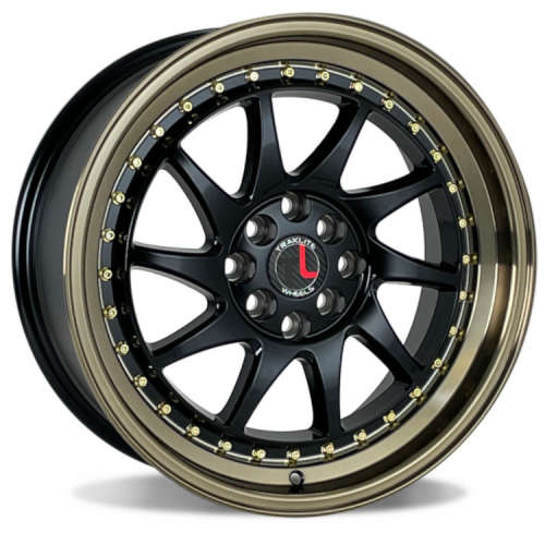 Traklite Wheels Turbo18x8.5 +35 Gloss Black with a Bronze Lip and Gold Rivets