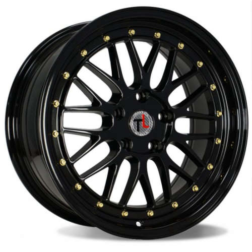 Traklite Wheels Turbulance19x8.5 +35 Gloss Black with Gold Rivets